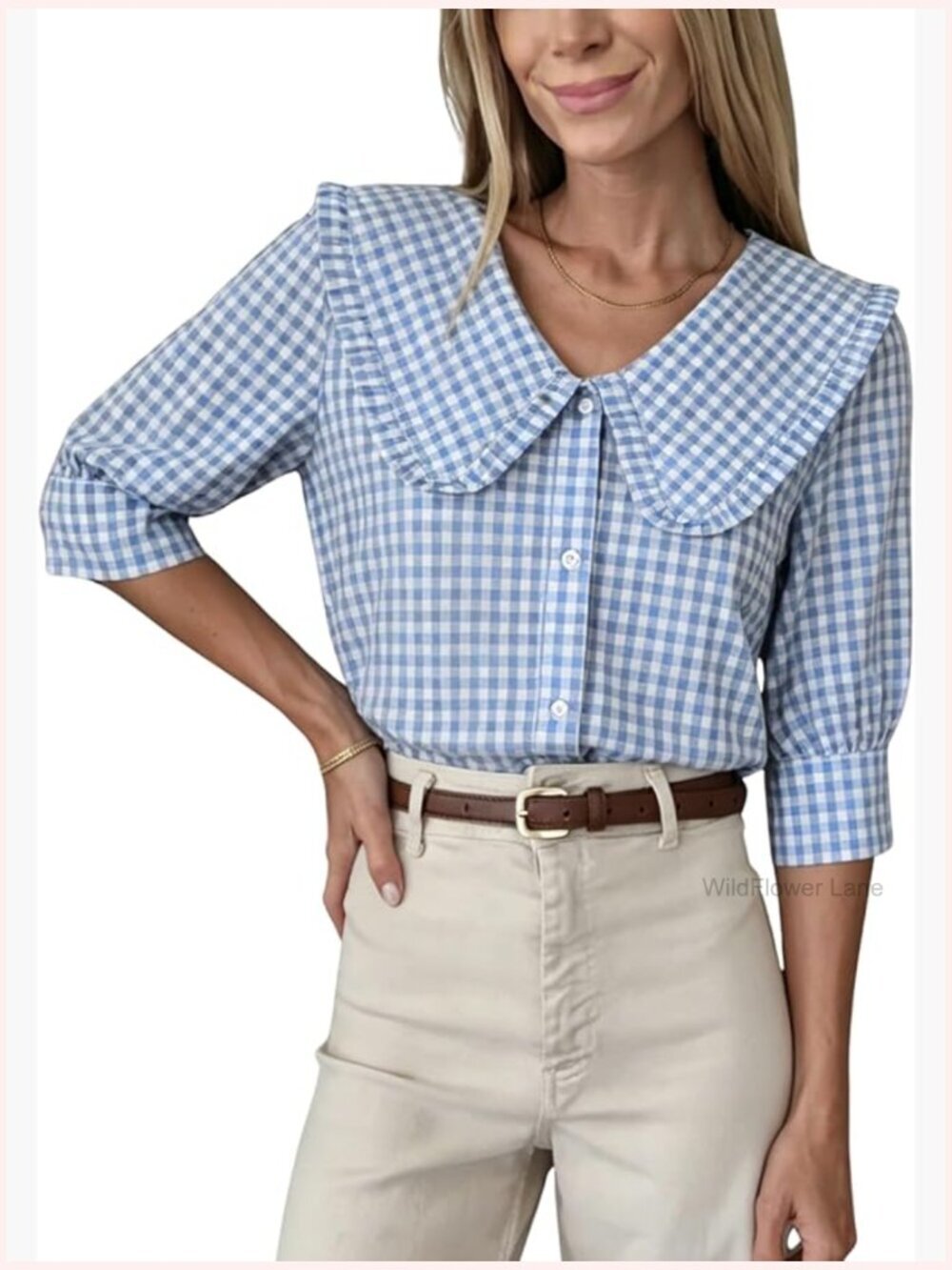 Vintage Style Plaid Blouse Oversized Ruffle Collar Puff Sleeve Button Down